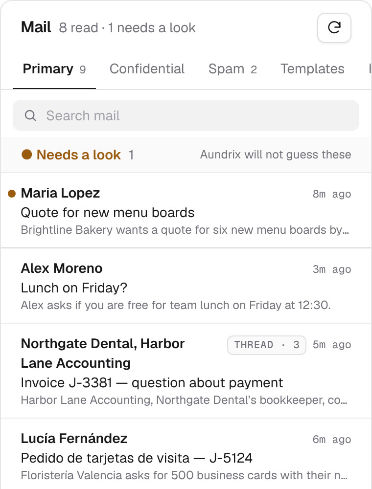 The Aundrix inbox: tabs for Primary, Confidential, Spam, and Templates, a Search mail field, a Needs a look group, and e-mails with one-line summaries, including a conversation of 3 e-mails tagged as a thread.