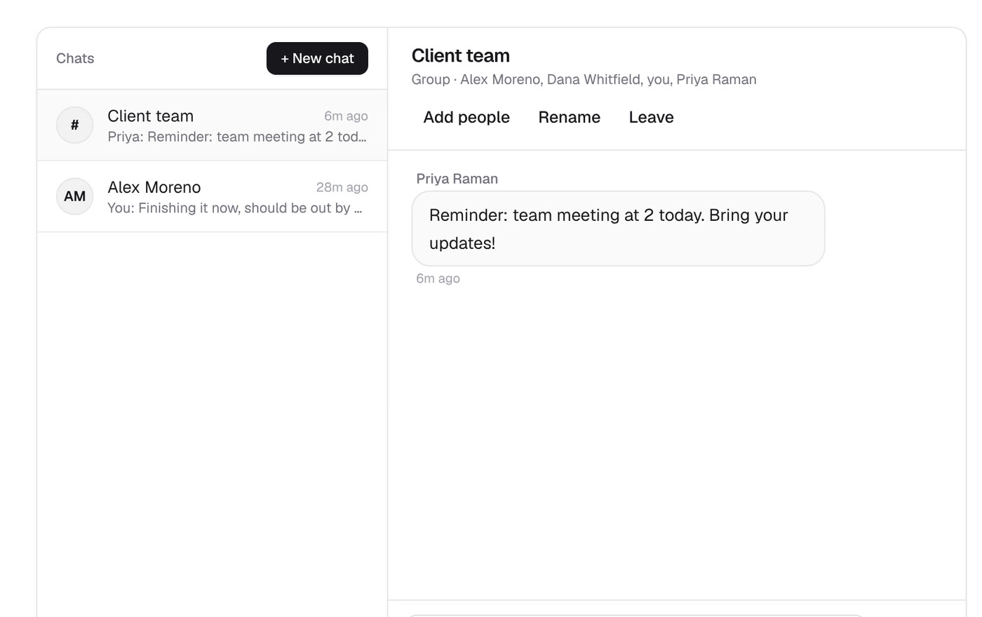Aundrix messages: a Client team group chat with a reminder about a team meeting.