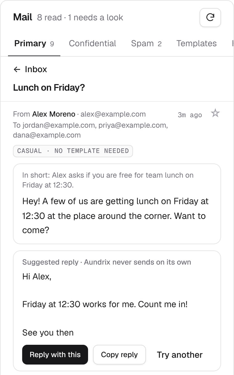 A suggested reply to a lunch invitation, marked 'Aundrix never sends on its own', with the buttons Reply with this, Copy reply, and Try another.