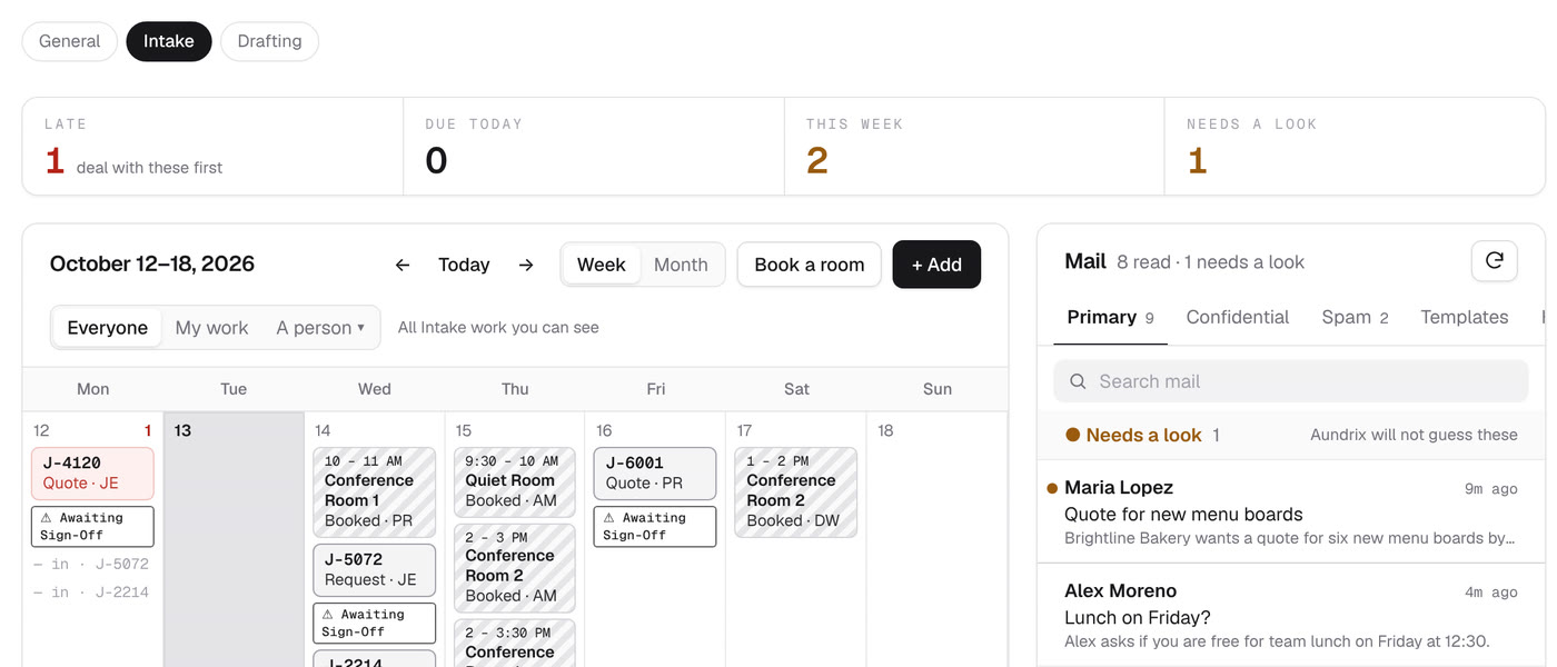 The Aundrix dashboard in a team view: a bar with General, Intake, and Drafting, with Intake picked, above the counts and a calendar that shows only Intake's work.