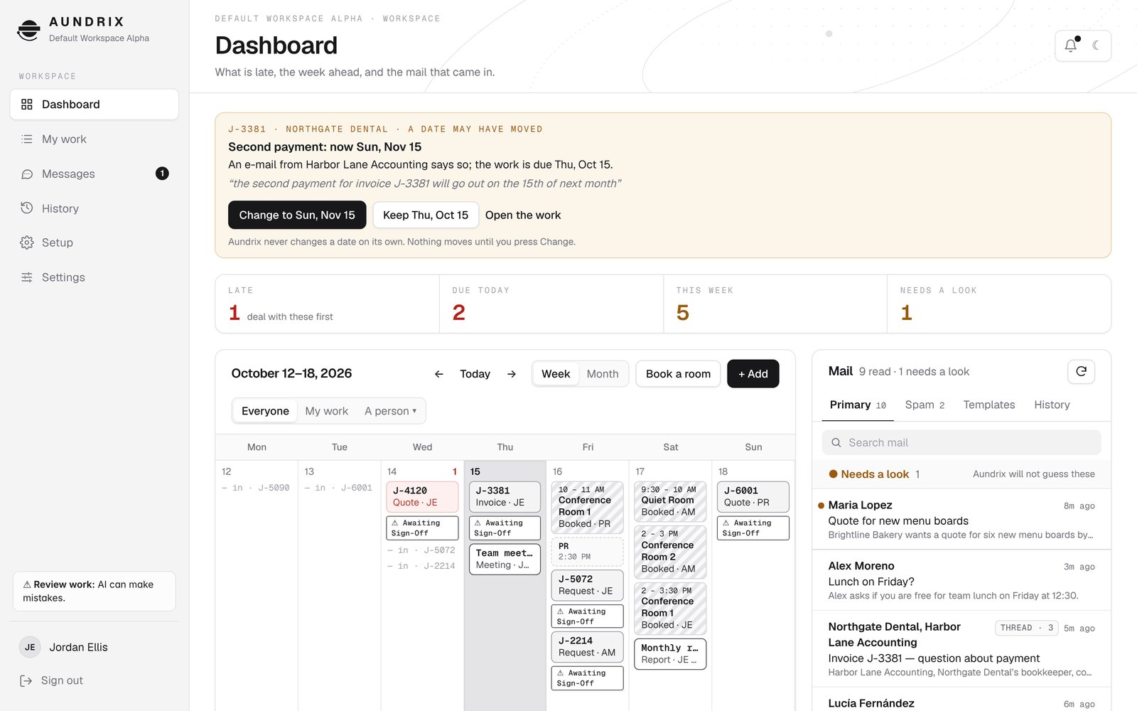 The Aundrix dashboard: a card saying a date may have moved, with Change and Keep buttons, above the counts for late, due today, this week, and needs a look, and the week's calendar with its Everyone, My work, and A person picker beside the mail.