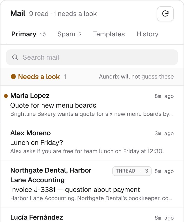 The Aundrix inbox: tabs for Primary, Spam, Templates, and History, a Search mail field, a Needs a look group, and e-mails with one-line summaries, including a conversation of 3 e-mails tagged as a thread.