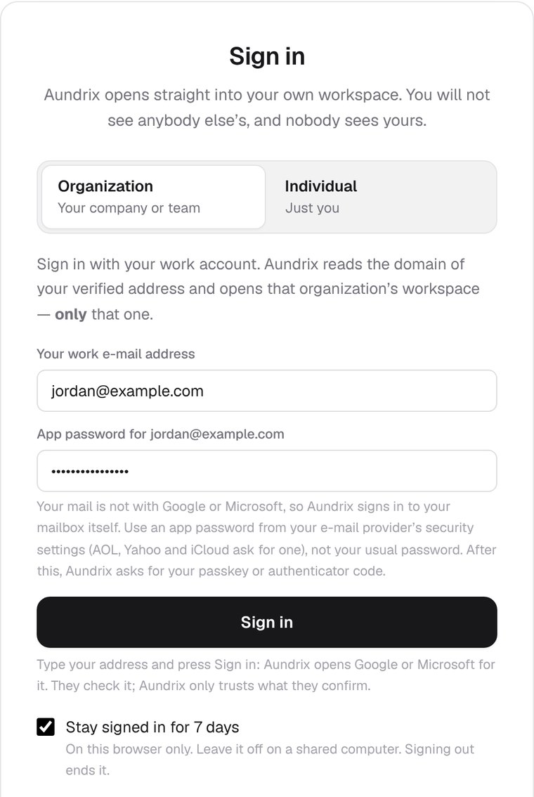 The Aundrix first page with a made-up address typed: a box for its app password, a note that AOL, Yahoo, and iCloud ask for one from the provider's security settings, the Sign in button, and Stay signed in for 7 days ticked.